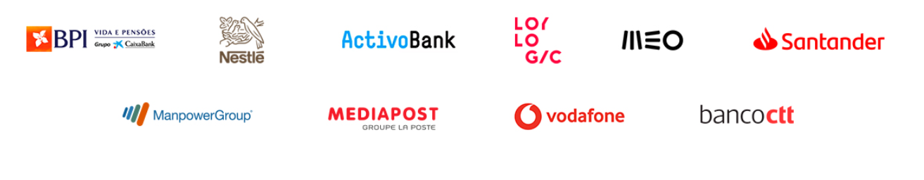 Logos de clientes: BPI, Nestlé, ActivoBank, MEO, Santander, ManpowerGroup, MediaPost, Vodafone, Banco CTT